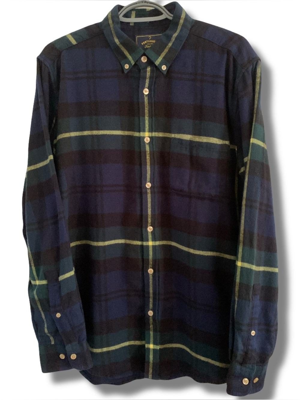 Portuguese Flannel Button Down Blue Green with Yellow Details Size Large